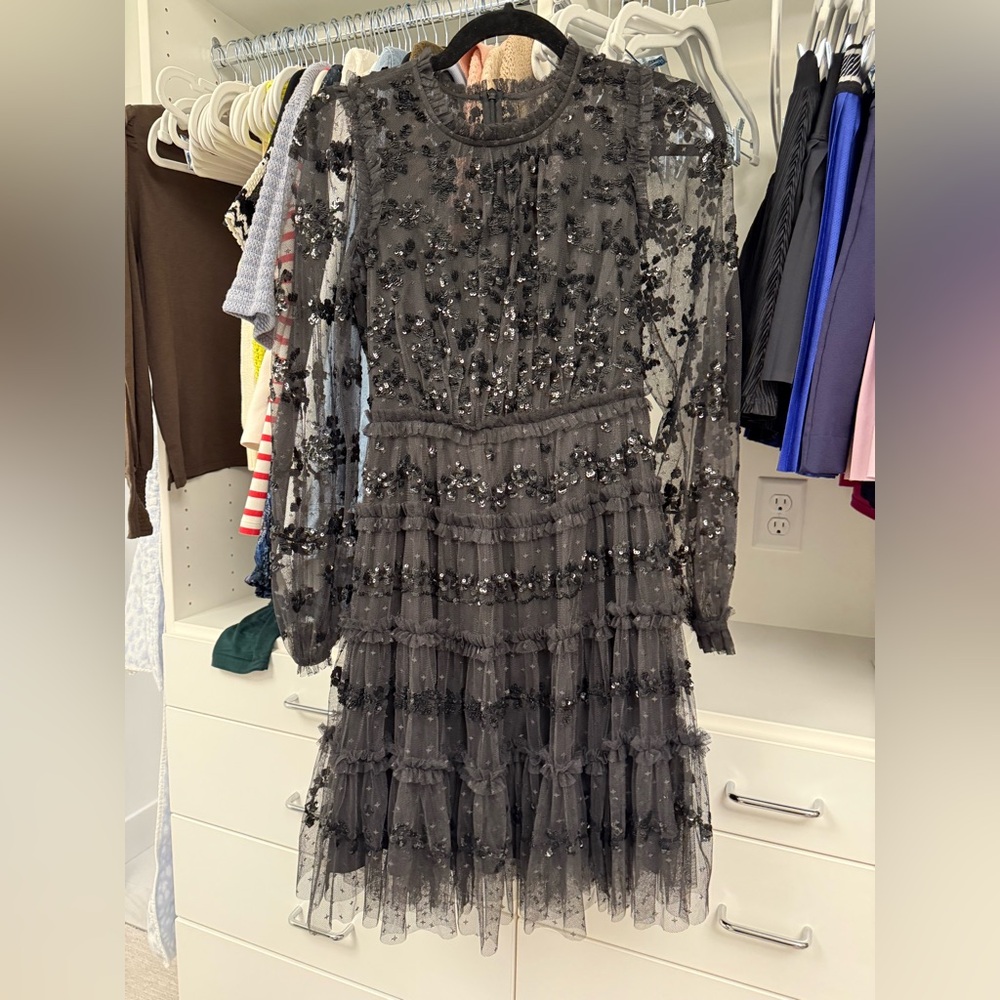 Needle & Thread Black Sequin Long Sleeve Dress
